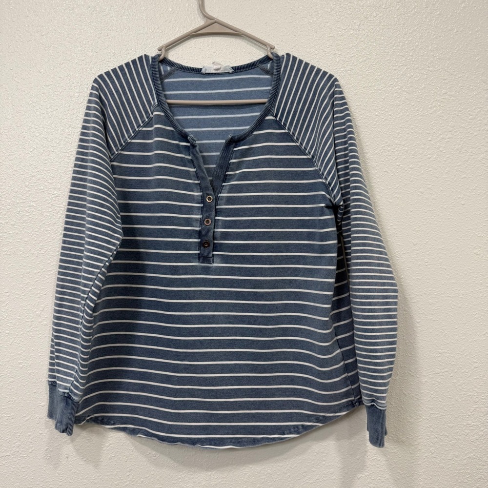 Jane + Delancey Blue White Striped Henley Long Sleeve Top Medium Raglan Sleeve